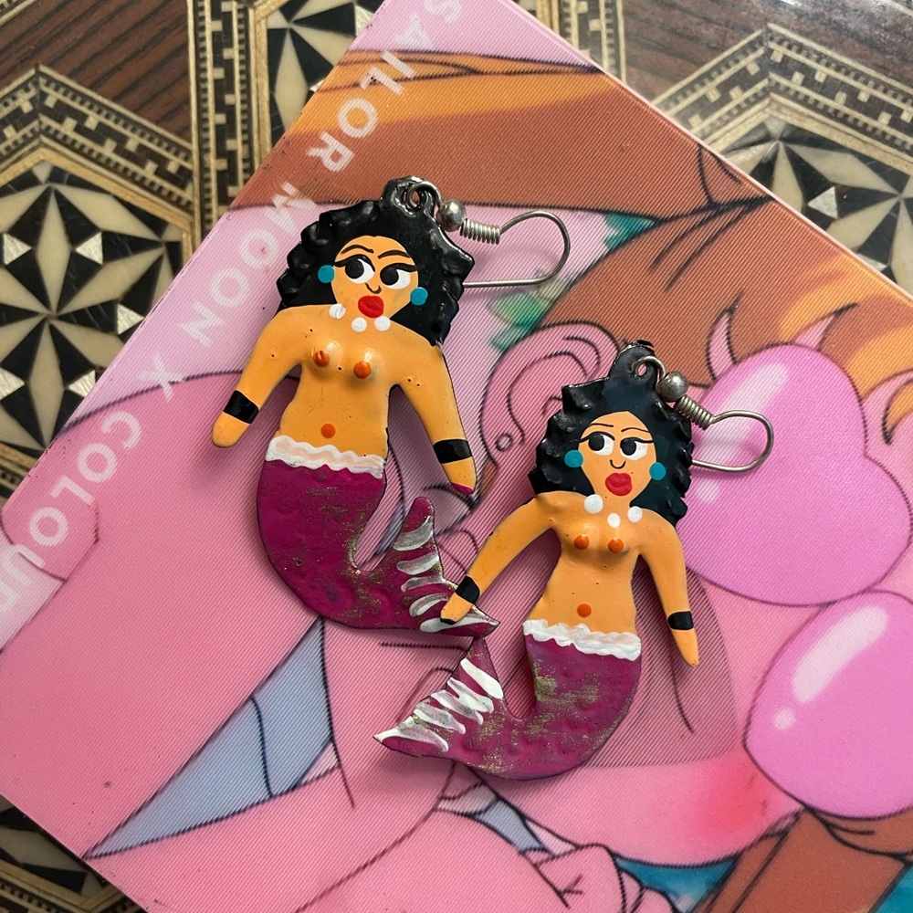 Bathing Mermaid Handpainted Earrings